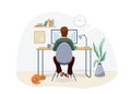 Work at home concept design. Freelancer man working on computer at his house office and striped red cat pet near him