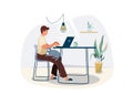 Work at home concept design. Freelancer man working on laptop at his house and keep cat pet on his knees. Vector