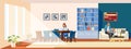 Work at home concept. Freelance female mother with a laptop sitting on a chair. A father and child watch a laptop in a