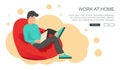 Work at home concept. Freelance worker sitting on lazy bag with lap top. Workplace concept. Flat vector