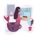 Work at home concept. Girl mermaid in a cup with coffee.