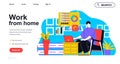 Work from home concept for landing page template. Man freelancer working online at laptop. Comfortable freelance workplace people