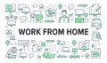 Work from home concept with line icons. Vector horizontal illustration included icon as freelance worker with laptop