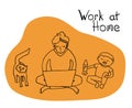 Work from home concept. Mother with laptop trying to work with crying baby and cat at home. Hand drawn doodle vector illustration