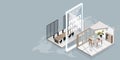 Work from home concept is presented in isometric style of home office and smarthphone with video conference application and office