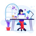 Work from home concept A woman sitting at desk and work on laptop stay at home Quarantine during the Coronavirus Epidemic