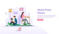 Work at home, coworking space concept design. Freelance sitting at desk, working on laptop at house with people character for web