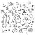 Work at home. Cute hand drawn doodle set about coronavirus, Covid-19, pandemic, quarantine. A man is working from home to avoid a