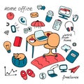 Work from home, freelance, home office concept. Hand drawn flat icon set. Vector illustration