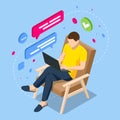 Work at home, Freelance isometric concept design. Chat messages notification on laptop, coworking space Royalty Free Stock Photo