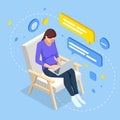 Work at home, Freelance isometric concept design. Chat messages notification on laptop, coworking space Royalty Free Stock Photo