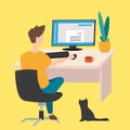 Work at home freelancer young man working on computer. Vector illustration Royalty Free Stock Photo