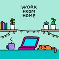 Work from home hand drawn illustration in cartoon comic style cat laying laptop quarantine isolation office vibrant colors