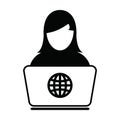 Work from home icon vector person with laptop computer female user person profile avatar globe symbol for working online Royalty Free Stock Photo