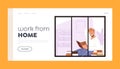 Work from Home Landing Page Template. Male Character Reading Sitting at Window with Rain Outside. Man Read Book at Home