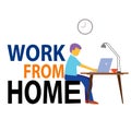 Work from Home lettering- Icon, Sign or Symbol. Stick figure sitting on a ` E` at home behind desk and writing on laptop compute