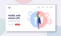 Work and Home Life Landing Page Template. Woman Character Separated on Halves as Housewife with Child and Businesswoman