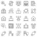 Work at Home line icons set - remote or freelance work signs