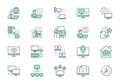 Work from home line icons. Vector illustration included icon as freelance worker with laptop, workspace, pc monitor