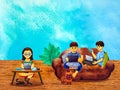 Work from home online education e-learning watercolor painting cartoon character illustration