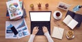 Work from home. people typing on keyboard, working on laptop computer with blank white screen copy space during self isolation