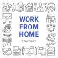 Work from home poster frame with line icons. Vector illustration included icon as freelance worker with laptop