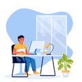 Work at home remote work freelance concept. Man freelancer sitting at the table and using computer. Vector illustration