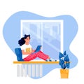 Work at home, remote work, freelance concept. Woman or freelancer sitting on armchair using laptop. Vector illustration