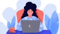 Work at home,sleepy women sit and work on laptop wearing sleepwear ,corona or covid-19 virus protection concept, overcome virus