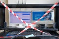 Work from home by TeamViewer in PC. Coronavirus quarantine at the enterprise and in the office is blocked by a red and white Royalty Free Stock Photo