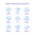 Work from home tips blue gradient concept icons set