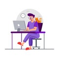 Work from home vector illustration. Modern colorful flat Illustration design of a man working online with a cat on his shoulder. Royalty Free Stock Photo