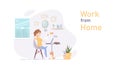 Work at home vector, worker man with pets in quarantine, people activity cartoon character flat design, home interior design idea Royalty Free Stock Photo