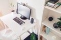 Work from home. Workspace of a freelancer. Interior. Modern design with white furniture and technologies.