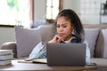 Work from home, Young asian woman struggle with laptop computer, Frustrated asia girl looking at laptop while studying online Royalty Free Stock Photo