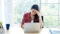 Work from home, Young asian woman struggle with laptop computer, Frustrated asia girl looking at laptop while studying online