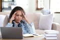 Work from home, Young asian woman struggle with laptop computer, Frustrated asia girl looking at laptop while studying online Royalty Free Stock Photo