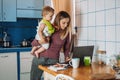 Work from home. Young mother with baby girl working at home using laptop on kitchen background Young woman feeding her baby, Royalty Free Stock Photo