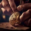 Work of jeweler, hands of person making gold jewelry close-up