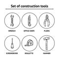 Work and Labor hand drawn black and white set of construction tools with screwdriver, office knife, spanner, hammer