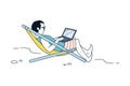 Work with laptop. Man with laptop lying on deck chair, working on vacation, freelance male character in comfortable Royalty Free Stock Photo