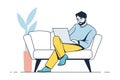 Work with laptop. People working at home, freelance character in comfortable conditions. Guy sitting on sofa. Busy Royalty Free Stock Photo