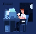 Work late concept. Man at night in office with pile of paper and laptop. Business vector background