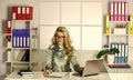 Work or Learnin. boss and employee. ideas for university project. businesswoman sitting in office. making notes while Royalty Free Stock Photo