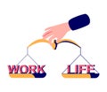 Work life balance as career or family relationship scales tiny person concept. Choose between passion, love versus job, money and
