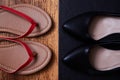 Work life balance choice concept: colored sandals or flip-flops and strict black office shoes