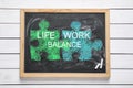 Work-life balance. Chalkboard with drawing of connected puzzle pieces on wooden background, top view Royalty Free Stock Photo