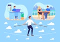 Work life balance concept flat vector illustration, cartoon businessman balancing on rope between life choices problem