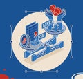 Work and life balance concept. Isometric mechanical scales with coins, paper banknotes, heart, hands and cross. Scales with bowls