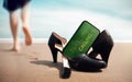 Work Life Balance Concept. Refreshing Life by Nature Therapy. Business Woman take off her Shoes on the Sand Beach for Walk into Royalty Free Stock Photo